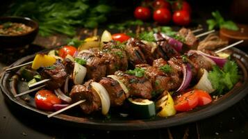 gourmet grilled meat skewers with fresh vegetables photo