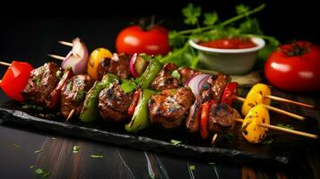 gourmet grilled meat skewers with fresh vegetables photo