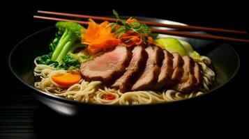 gourmet japanese meal ramen noodles pork vegetable cooked photo
