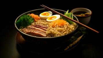 gourmet meal pork ramen noodles with chopsticks photo