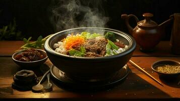 gourmet meal with chopsticks in steaming bowl photo