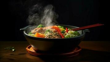 gastrónomo comida con palillos en humeante cuenco foto