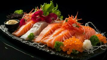 gastrónomo Mariscos comida plato de Fresco sashimi sano comiendo foto