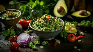 gastrónomo vegetariano comida con Fresco guacamole inmersión foto