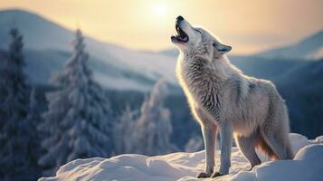 gray wolf howling in the arctic winter photo