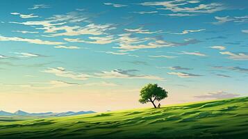 verde prado solitario árbol tranquilo horizonte a amanecer foto