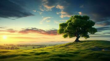 green meadow lone tree tranquil horizon at dawn photo