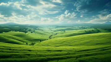 green meadow meanders into wheat field horizon photo