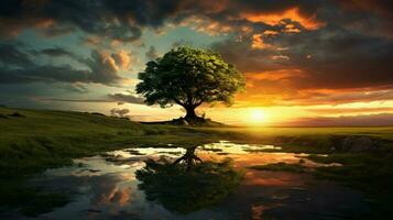 green meadow tree and sky at sunset photo