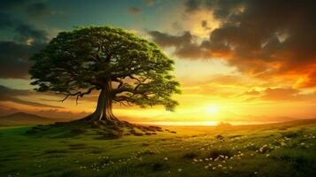 green meadow tree and sunset beauty photo