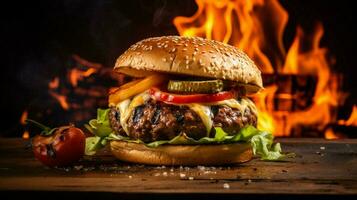grilled beef burger on wooden table flame grilled photo