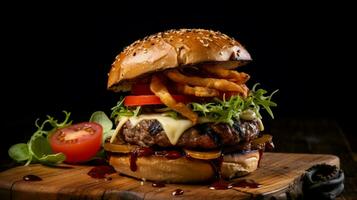 grilled beef burger with cheese tomato onion photo