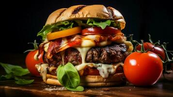 A la parrilla carne de vaca hamburguesa con Fresco tomate y queso foto