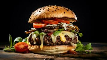 grilled beef burger with cheese tomato onion photo