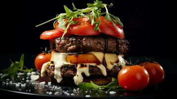 grilled beef burger with fresh tomato and cheese photo