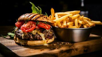 grilled beef burger with tomato onion cheese and fries photo