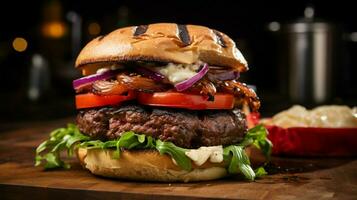grilled beef burger with tomato onion and homemade bread photo