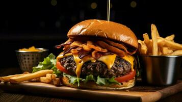 grilled beef burger with tomato onion cheese and fries photo