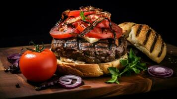 grilled beef burger with tomato onion and homemade bread photo