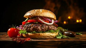 grilled beef burger with tomato onion and homemade bread photo