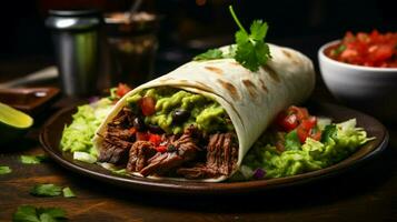 grilled beef burrito with fresh guacamole and salsa photo