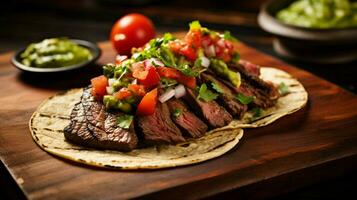 grilled beef taco with fresh tomato cilantro and guacamol photo