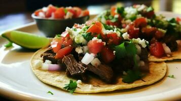 grilled beef taco with fresh tomato cilantro and homemade photo