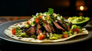 A la parrilla carne de vaca taco con guacamole cilantro y Fresco tomate foto