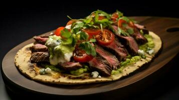 grilled beef taco with guacamole cilantro and tomato photo