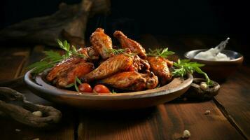 grilled buffalo chicken wings on rustic wood plate photo