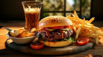 grilled cheeseburger fries and refreshment for lunch photo