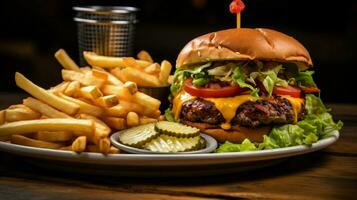 A la parrilla hamburguesa con queso comida con papas fritas y ensalada foto