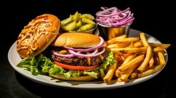 A la parrilla hamburguesa con queso comida con papas fritas y ensalada foto