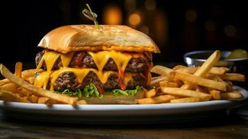 grilled cheeseburger with melted cheddar and fries photo