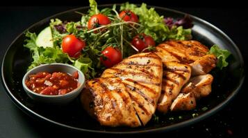 grilled chicken breast with healthy salad gourmet sauce photo