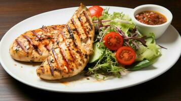 grilled chicken breast with healthy salad gourmet sauce photo