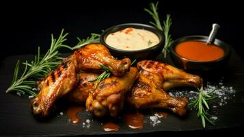 grilled chicken wings with savory sauce on black background photo