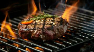 grilled fillet sizzles on char grilled metal grate photo