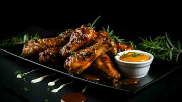 grilled chicken wings with savory sauce on black background photo