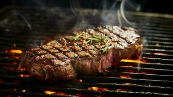 grilled fillet sizzles on char grilled metal grate photo