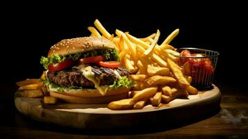 grilled hamburger meal with fries and cheese photo