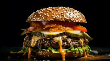 grilled hamburger on sesame bun with cheese photo