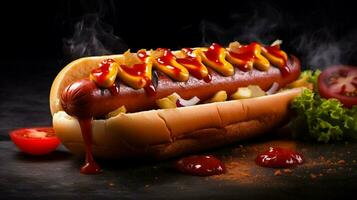 A la parrilla caliente perro en bollo con salsa de tomate un clásico americano foto