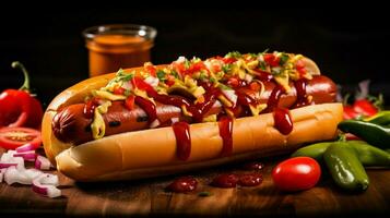 grilled hot dog on bun with ketchup onion and relish photo