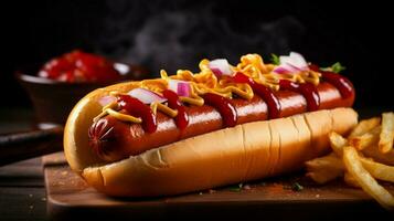 grilled hot dog on bun with ketchup onion and relish photo