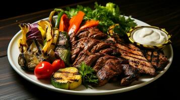 grilled meat and vegetable plate a gourmet lunch photo