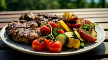 grilled meat and vegetables on a plate perfect for lunch photo