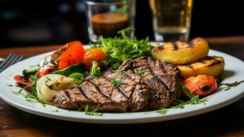 grilled meat and vegetables on a plate a gourmet lunch photo