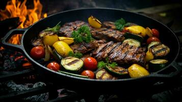 grilled meat and vegetables on cast iron homemade photo