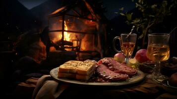 grilled meat bread and refreshment at night photo